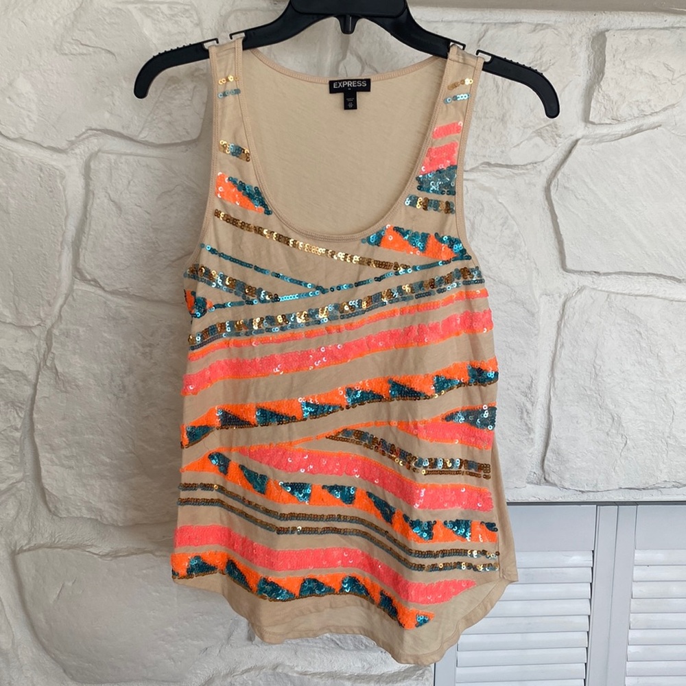 Express Tank top with orange pink blue gold sequins on a tan tank tropical look
